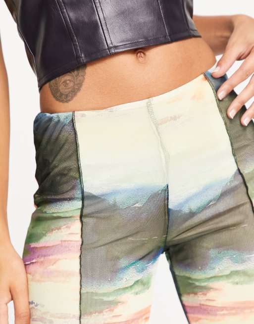 Neon & Nylon frill hem mesh flared pants in abstract print , 3 of 4