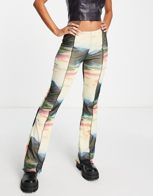 Neon & Nylon frill hem mesh flared pants in abstract print , 4 of 4