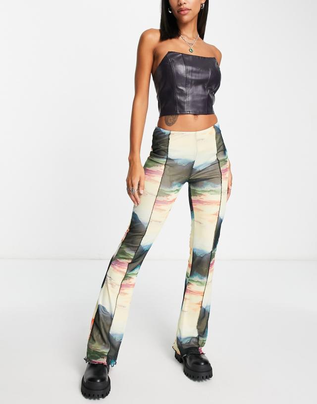 ONLY - Neon & Nylon frill hem mesh flared trousers in abstract print