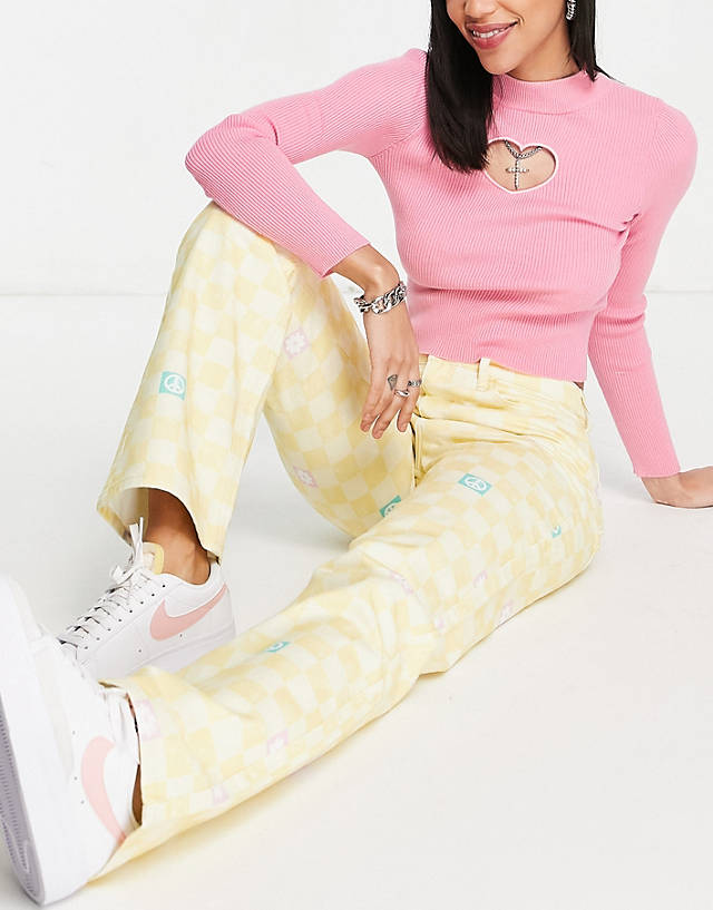 ONLY - Neon & Nylon high waisted flared jeans in yellow checkerboard