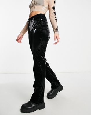 Neon & Nylon high waisted straight leg trousers in black vinyl