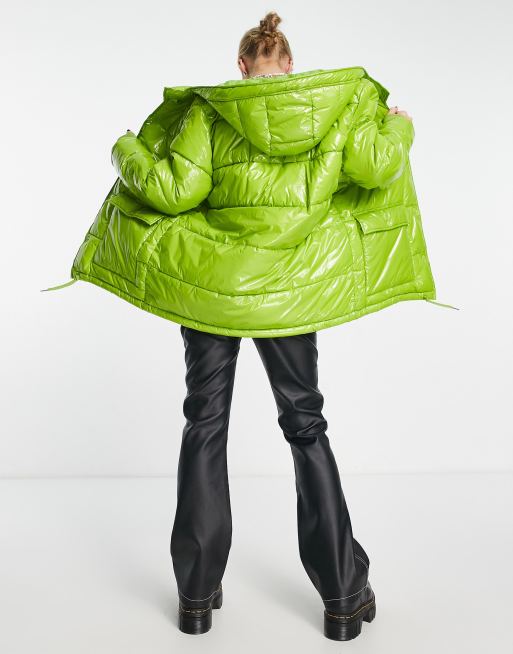 Neon & Nylon hooded vinyl padded coat in lime | ASOS