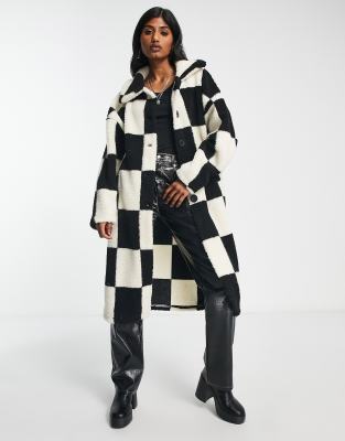 Only Neon & Nylon Longline Teddy Coat In Black And White Checkerboard
