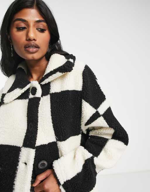 Neon Nylon longline teddy coat in black and white checkerboard