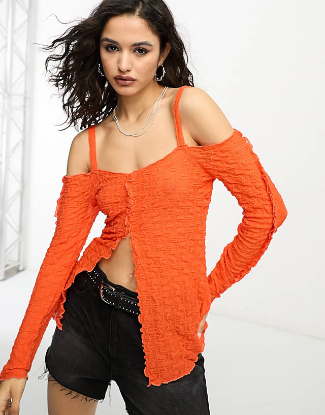 ONLY - Neon & Nylon textured cardigan co-ord in orange