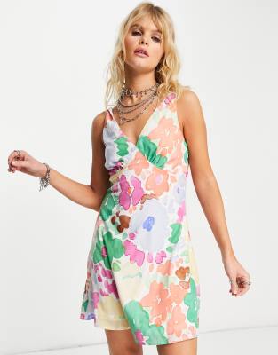 neon & nylon v-neck floaty mini dress in multi floral