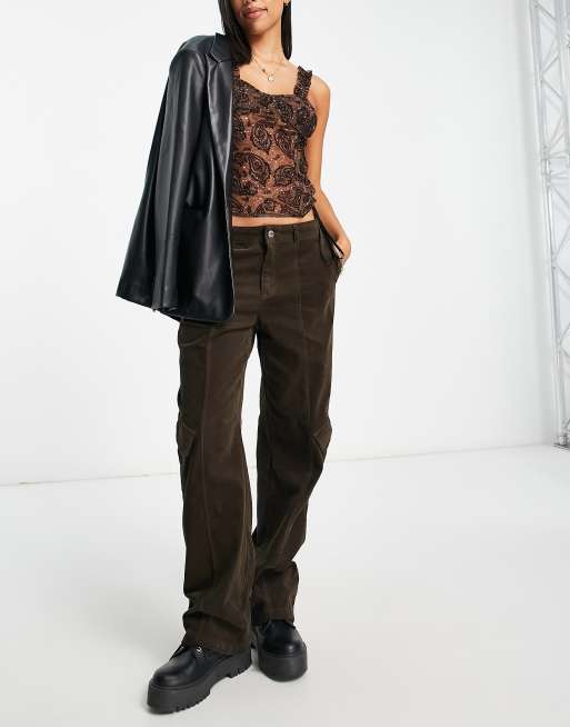 Neon & Nylon wide leg cord cargo trousers in chocolate