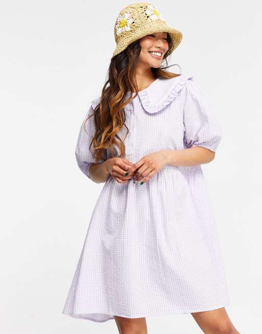 Neon Rose - Aangerimpelde mini jurk met kraag en gingham ruit in pastelkeur