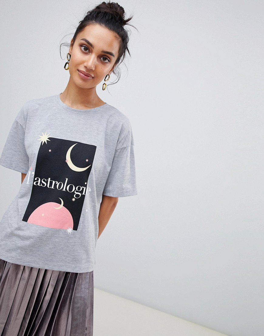 Neon Rose afslappet t-shirt med astrologisk kunsttryk-Grå