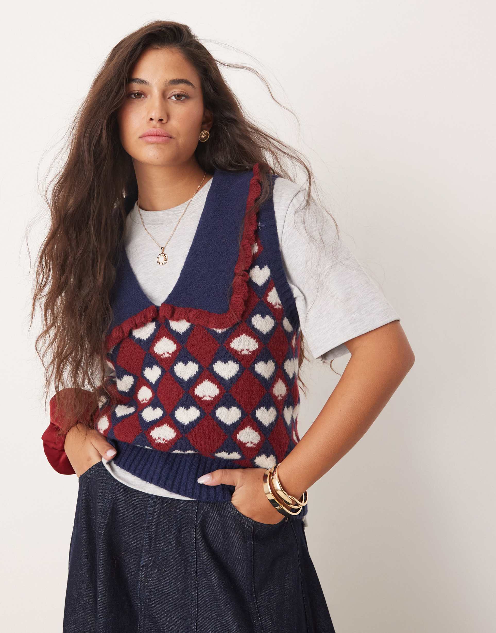neon rose argyle harlequin knitted tank top in navy