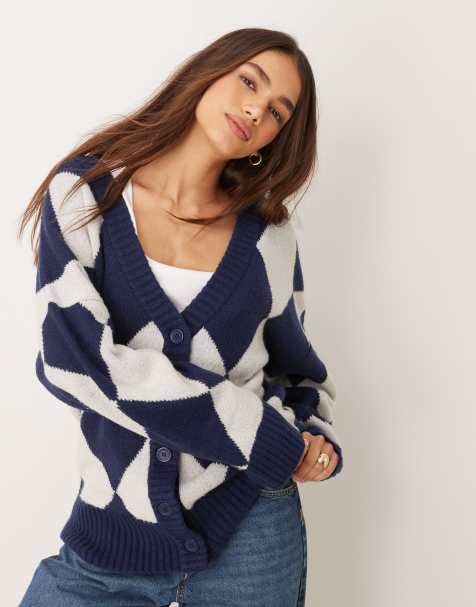 Neon Rose argyle longline cardigan in navy - view 1