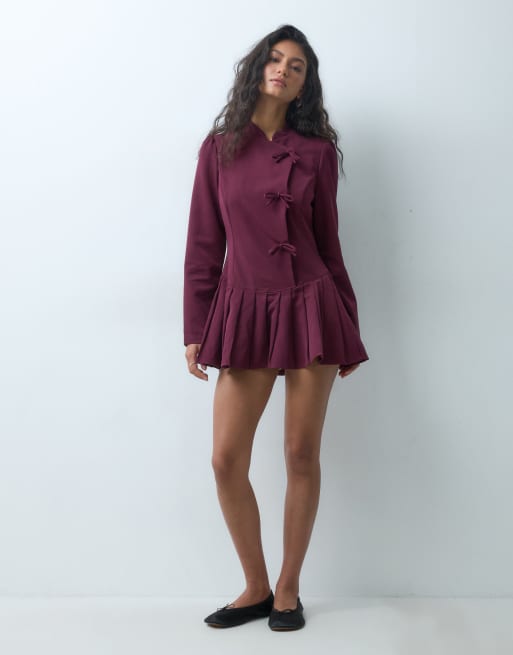 Neon Rose aysmmetric tie up mini dress in burgundy, 3 of 5
