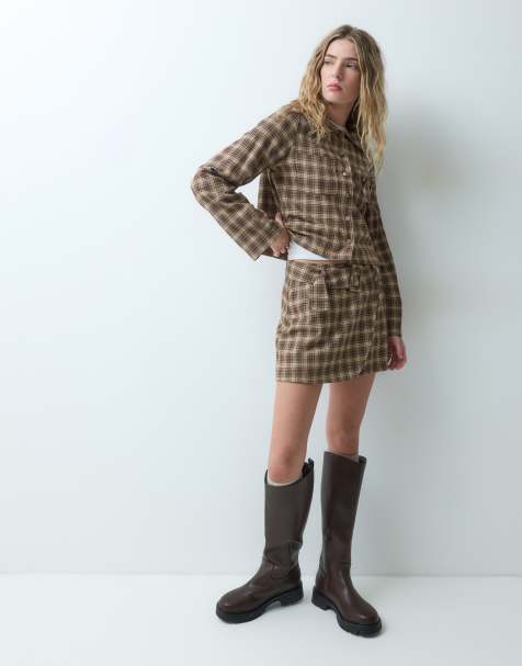 Neon Rose belted co-ord skirt in brown check