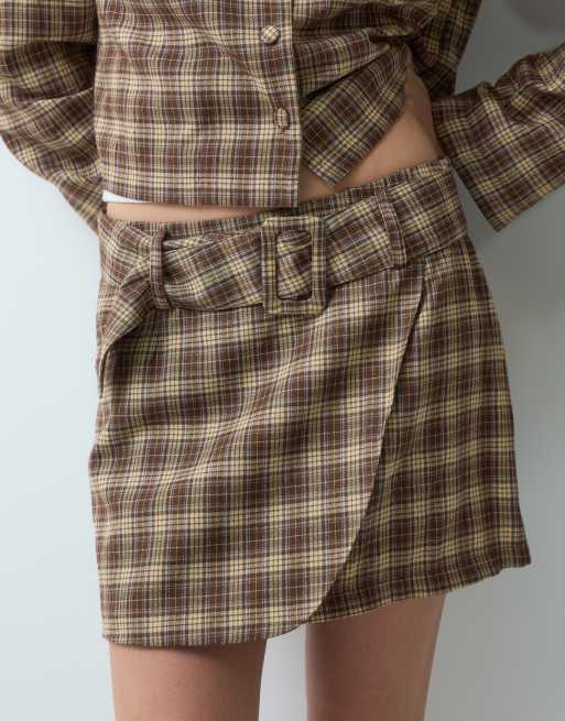 Neon Rose belted co-ord skirt in brown check, 2 of 5