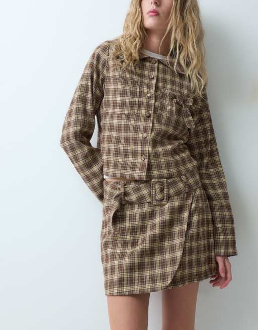 Neon Rose belted co-ord skirt in brown check, 3 of 5