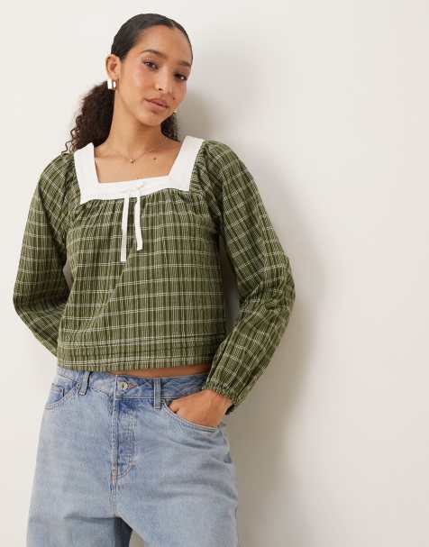 Neon Rose check square collar balloon sleeve blouse in green 