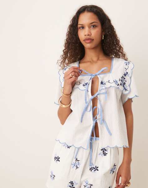Neon Rose embroidered tie-front boxy blouse co-ord  in white and blue
