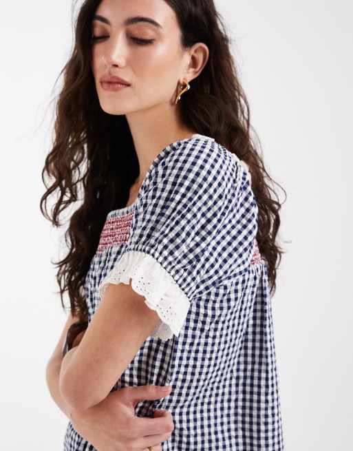 Neon Rose - Blå babydoll-kjole med gingham-tern og flæser samt firkantet hals, 3 af 4