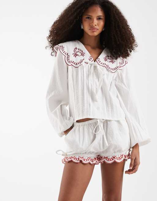 Neon Rose bloomer tie detail ruffle edged shorts in white (part of a ...