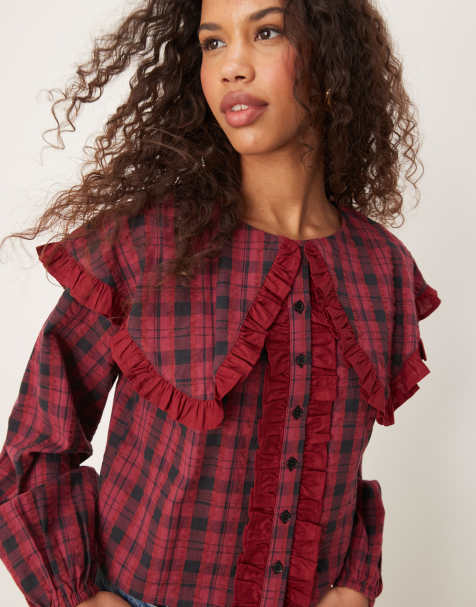 Neon Rose - Blouse à carreaux écossais avec col oversize - Bordeaux - view 1