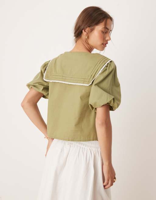 Neon Rose - Blouse à manches bouffantes et col marin - Vert olive, 2 de 4