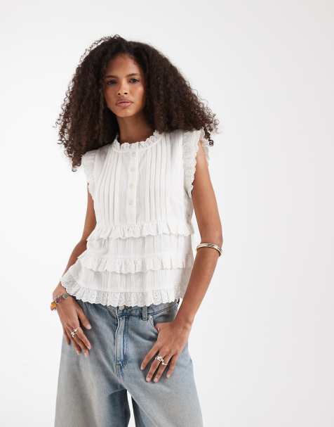 Neon Rose - Blouse met korte mouwen, ruches en knoopsluiting in wit - view 1