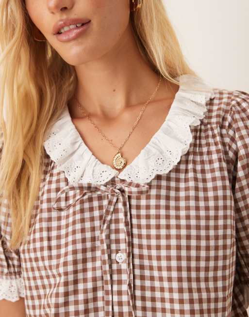 Neon Rose - Blouse met kraagje van broderie en gingham ruit in bruin, deel van co-ord set, 2 van 4