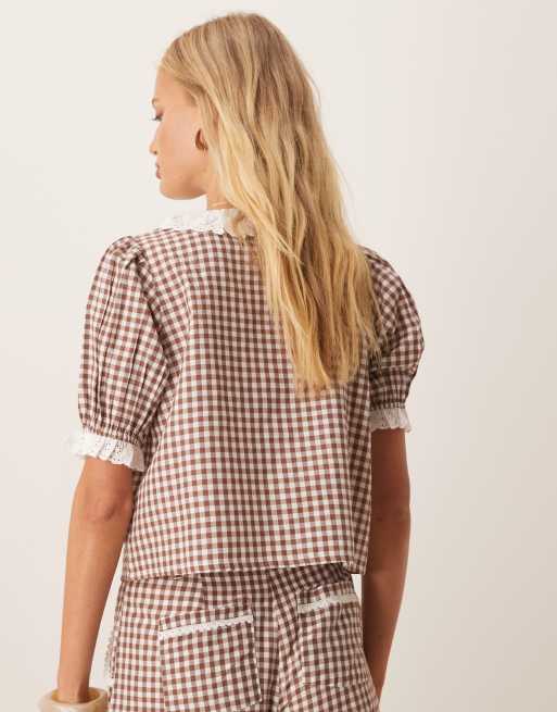 Neon Rose - Blouse met kraagje van broderie en gingham ruit in bruin, deel van co-ord set, 4 van 4
