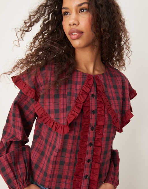 Neon Rose - Blouse met oversized kraag en Schotse ruit in bordeauxrood