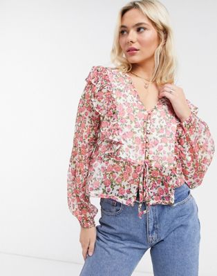 Neon Rose blouse with ruffle front and tie back detail in ditsy floral - ASOS Price Checker