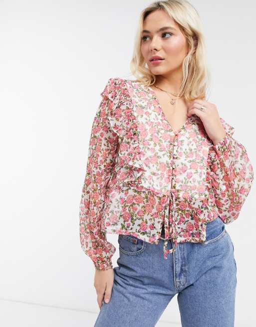 Neon Rose blouse with ruffle front and tie back detail in ditsy floral ...