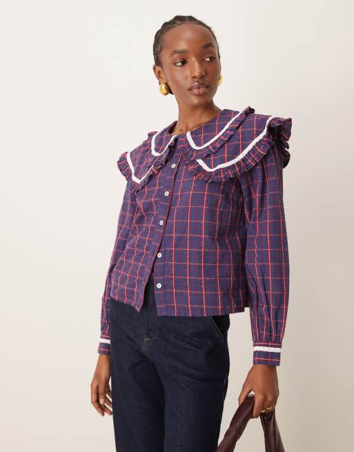 Neon Rose - Blusa blu navy a quadri con colletto a balze