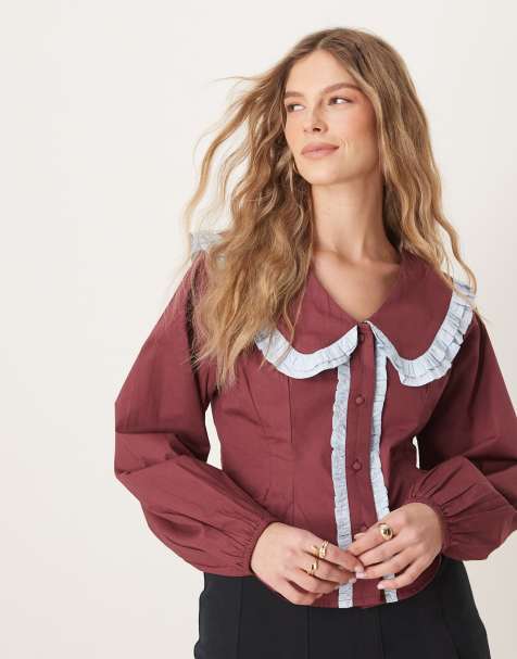 Neon Rose - Blusa bordeaux stretta in vita con colletto - view 1