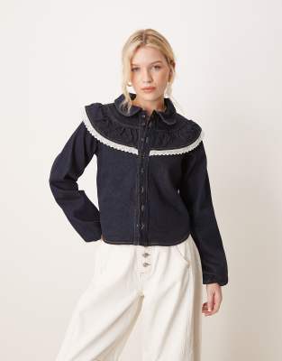 Neon Rose - Blusa in denim blu indaco con colletto - view 1