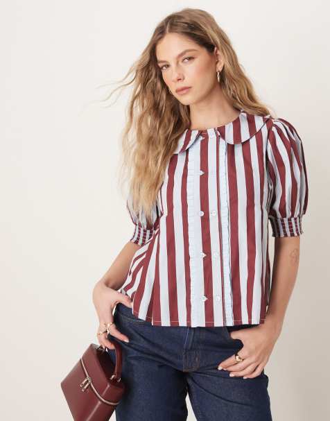 Neon Rose - Blusa taglio corto bordeaux e blu a righe - view 1