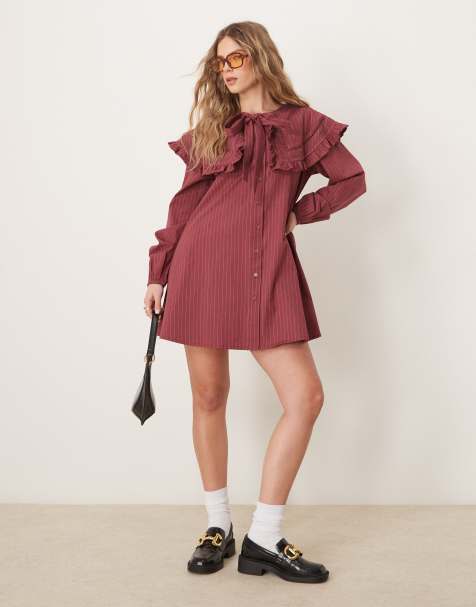 Neon Rose pinstripe smock dress with collar detail in burgundy