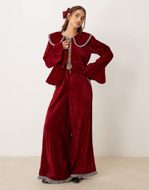 Neon Rose crinkle velvet wide leg trouser co-ord in burgundy