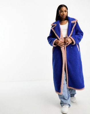 Neon Rose borg stitch edged longline coat in blue - ASOS Price Checker