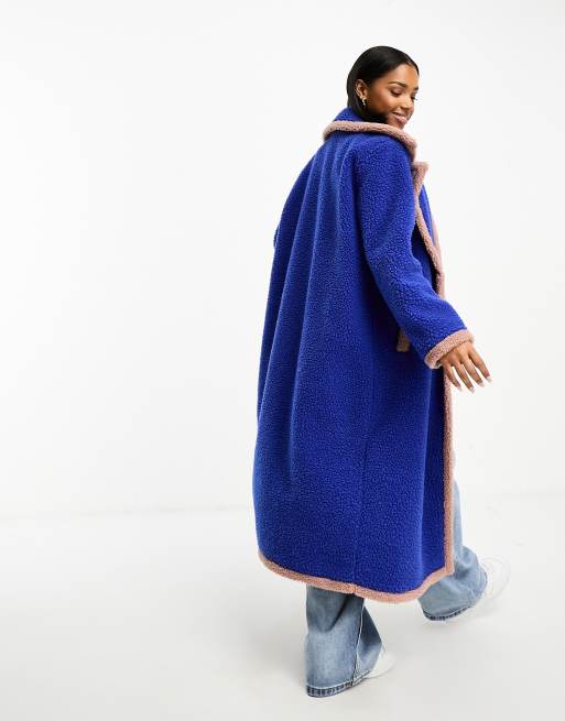 Neon Rose borg stitch edged longline coat in blue