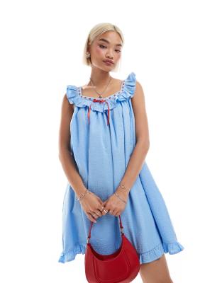 Neon Rose Bow Detail Cami Mini Smock Dress In Baby Blue