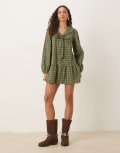 [Neon Rose] Neon Rose bow detail check mini smock dress in green-Neutral S Beige check