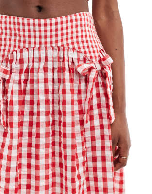 Neon Rose bow detail gingham midaxi skirt in red - part of a