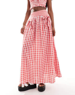 Neon Rose bow detail gingham midaxi skirt in red - part of a