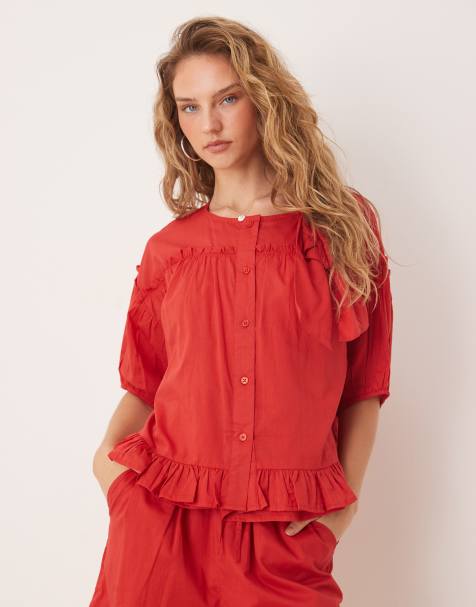 Neon Rose bow detail puff sleeve blouse in red - view 1