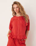 [Neon Rose] Neon Rose bow detail puff sleeve blouse in red 12 RED