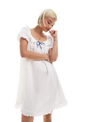 Neon Rose Bow Detail Puff Sleeve Mini Smock Dress In White