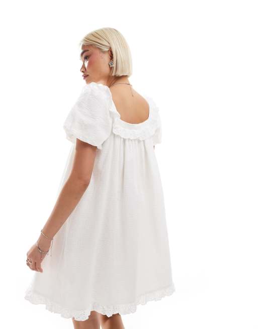 Neon Rose bow detail puff sleeve mini smock dress in white, 3 of 4