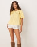 [Neon Rose] Neon Rose bow detail puff sleeve pleated blouse in lemon yellow 12 Lemon