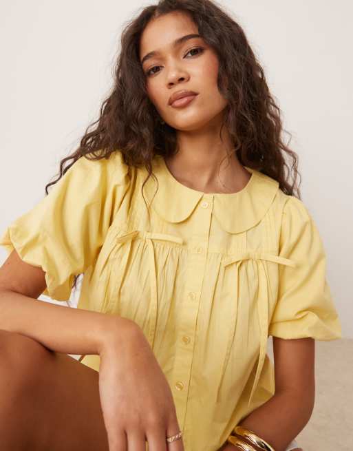 Neon Rose bow detail puff sleeve pleated blouse in lemon yellow ASOS