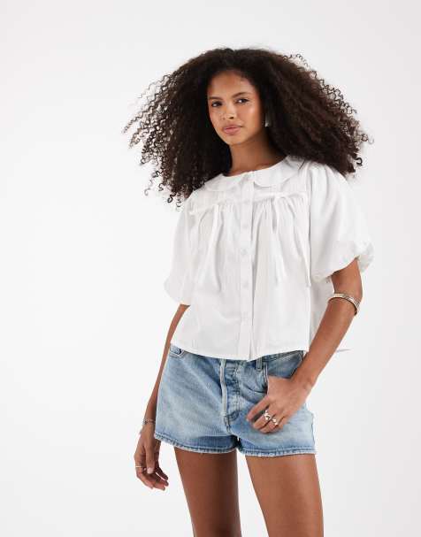 Neon Rose bow detail short sleeve collared top in white - view 1